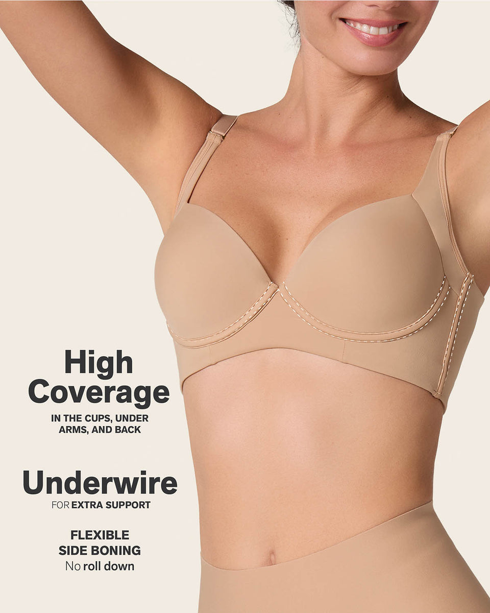 High profile back smoothing bra with soft full coverage cups