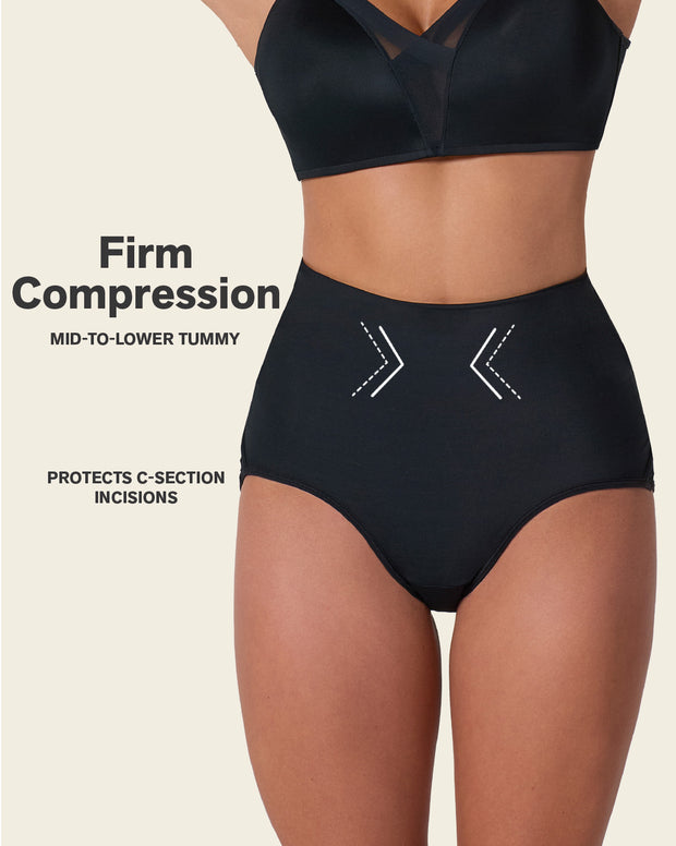 Firm compression postpartum panty with adjustable belly wrap