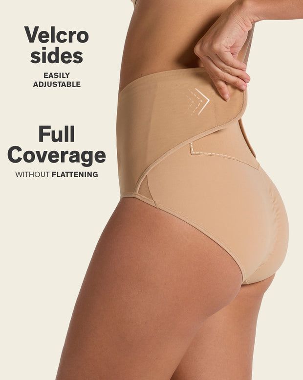 Firm compression postpartum panty with adjustable belly wrap