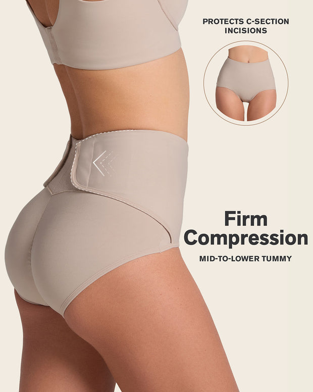 Firm compression postpartum panty with adjustable belly wrap