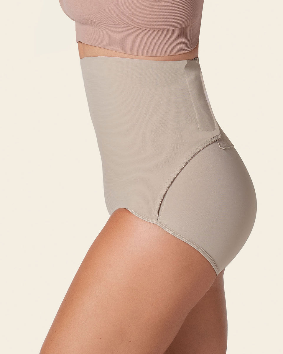 High-waisted firm compression postpartum panty with adjustable belly wrap