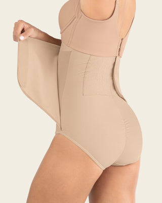 High-waisted firm compression postpartum panty with adjustable belly wrap#color_801-golden-beige