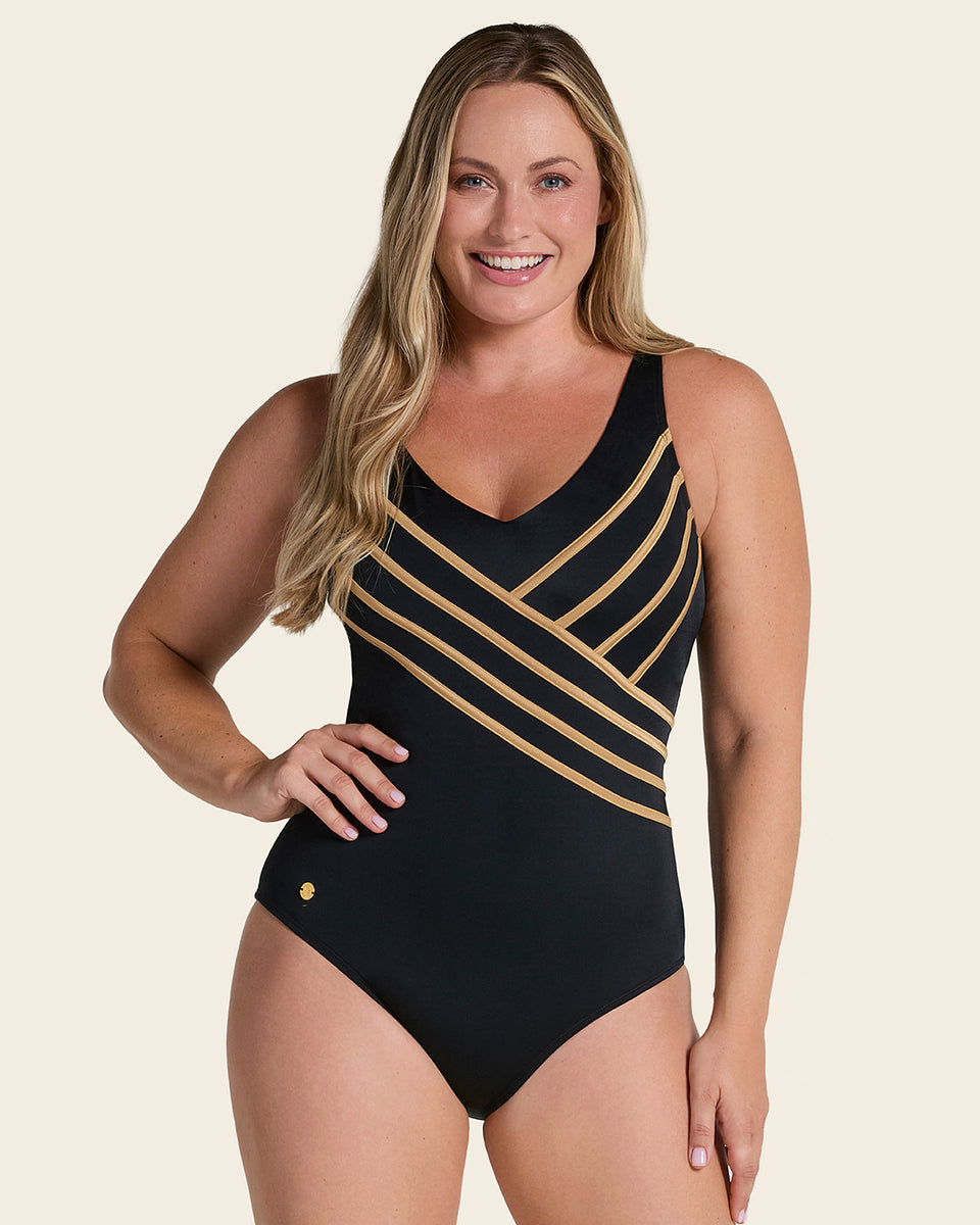 One-Piece Slimming Swimsuit with Elegant 3D Stripes