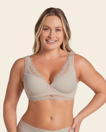 Deep coverage bra: soft lightly-lined lace underwire bra#color_802-nude