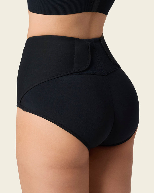 Firm compression postpartum panty with adjustable belly wrap