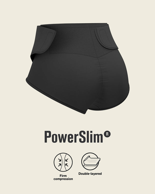 Firm compression postpartum panty with adjustable belly wrap