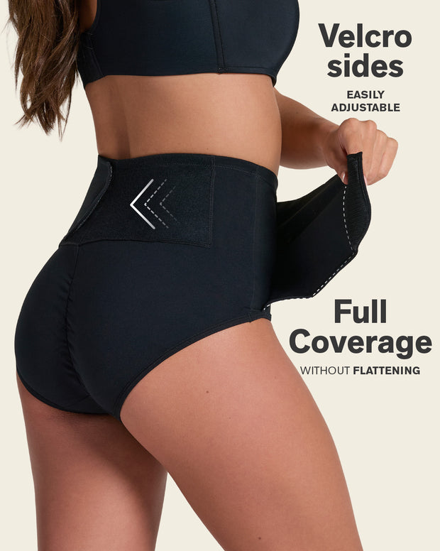 Firm compression postpartum panty with adjustable belly wrap
