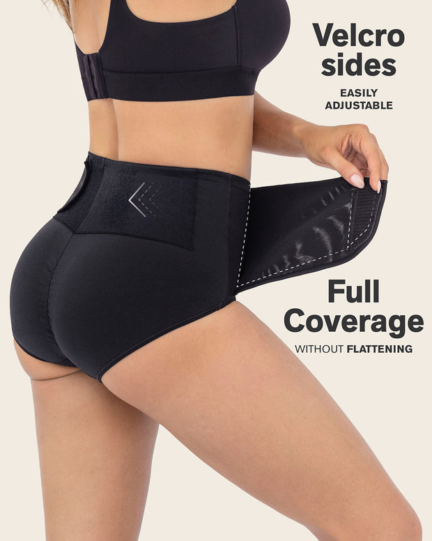 Firm compression postpartum panty with adjustable belly wrap