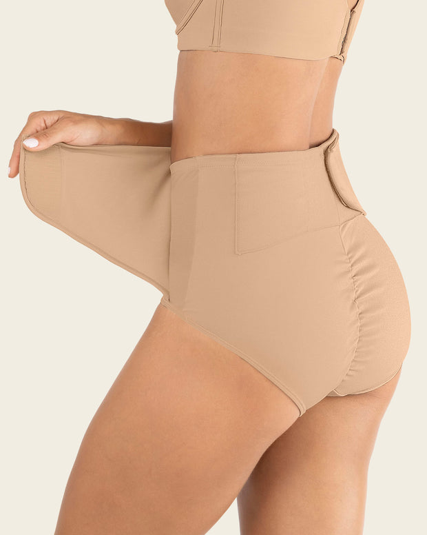 Firm compression postpartum panty with adjustable belly wrap