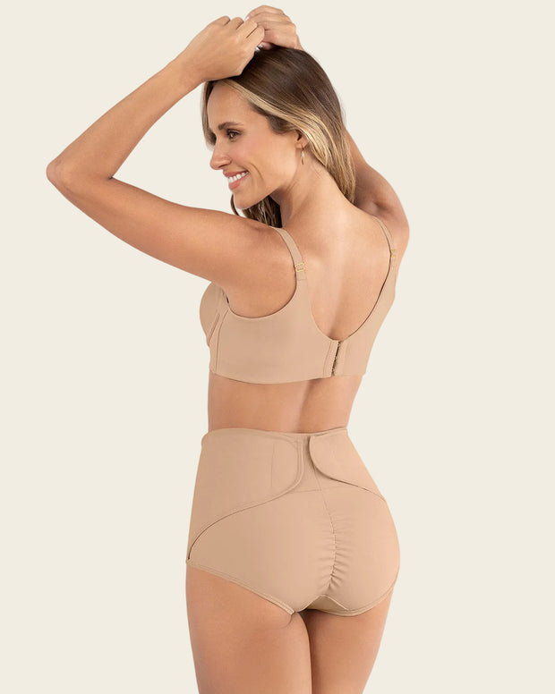 Firm compression postpartum panty with adjustable belly wrap