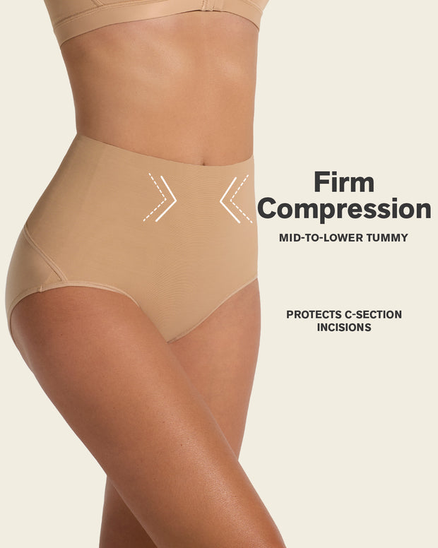 Firm compression postpartum panty with adjustable belly wrap