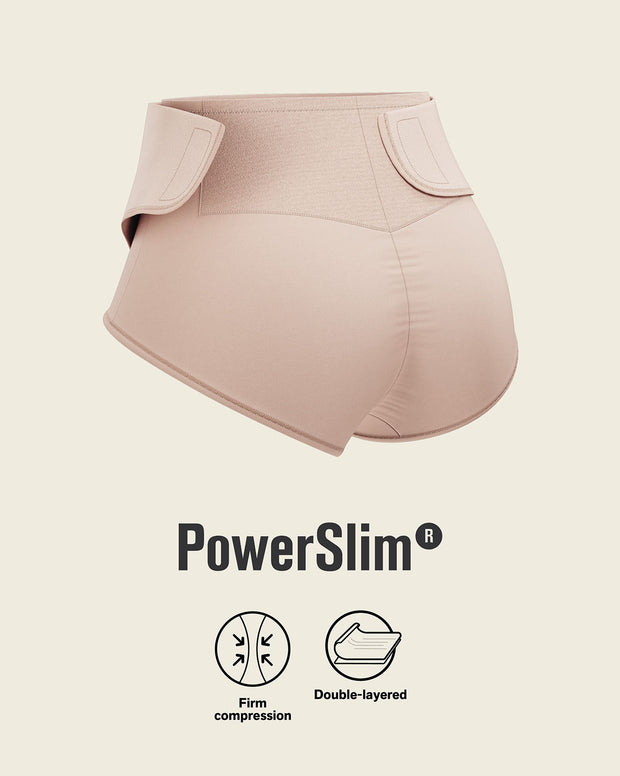 Firm compression postpartum panty with adjustable belly wrap