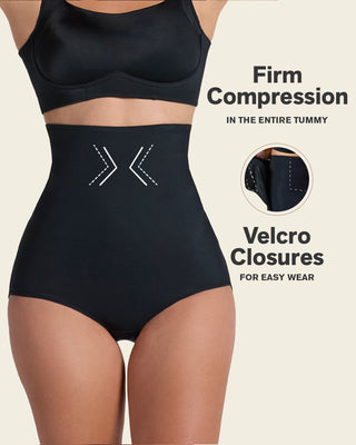 High-waisted firm compression postpartum panty with adjustable belly wrap#color_700-black