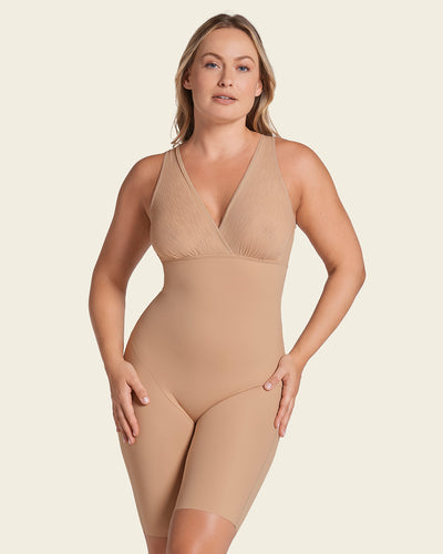 Sheer stripe detail sculpting mid-thigh bodysuit shaper#color_801-golden-beige