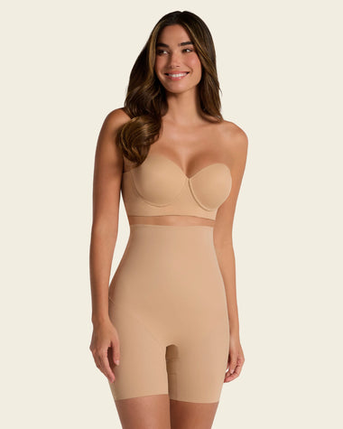 Strapless sculpting step-in body shaper with short bottom#color_801-golden-beige