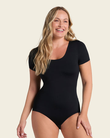 Short Sleeve Round Neck Shaper Bodysuit#color_700-black