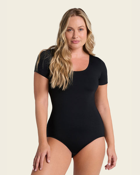 Short Sleeve Round Neck Shaper Bodysuit#color_700-black