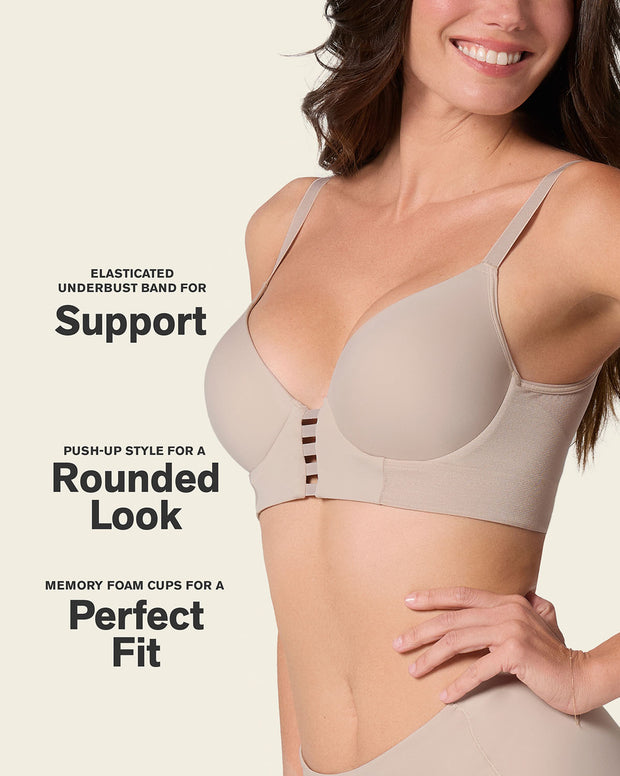 Memory foam push-up underwire bustier bra with strappy front