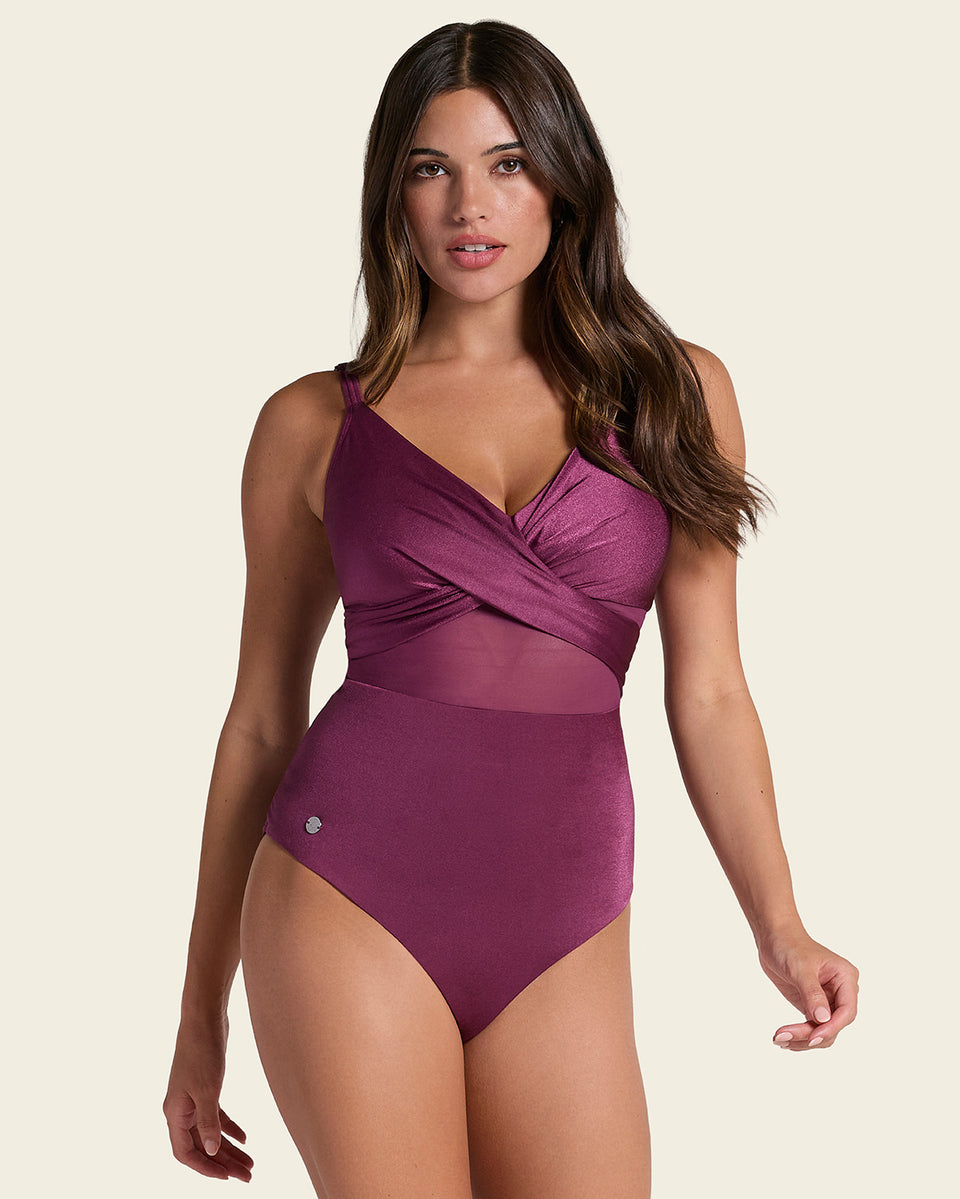 One Piece Swimsuit with Criss Cross Neckline and Tulle