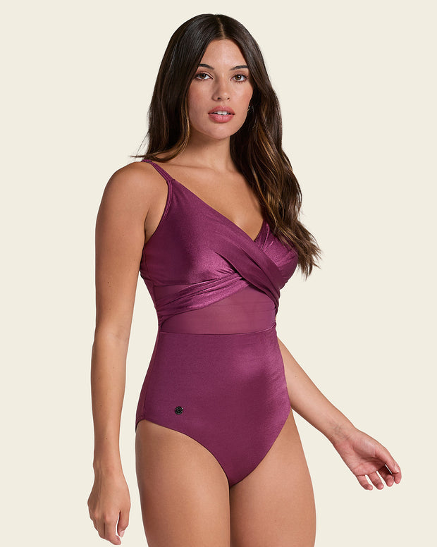 One Piece Swimsuit with Criss Cross Neckline and Tulle
