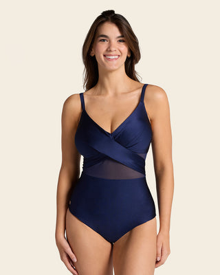 One Piece Swimsuit with Criss Cross Neckline and Tulle#color_509-navy-blue