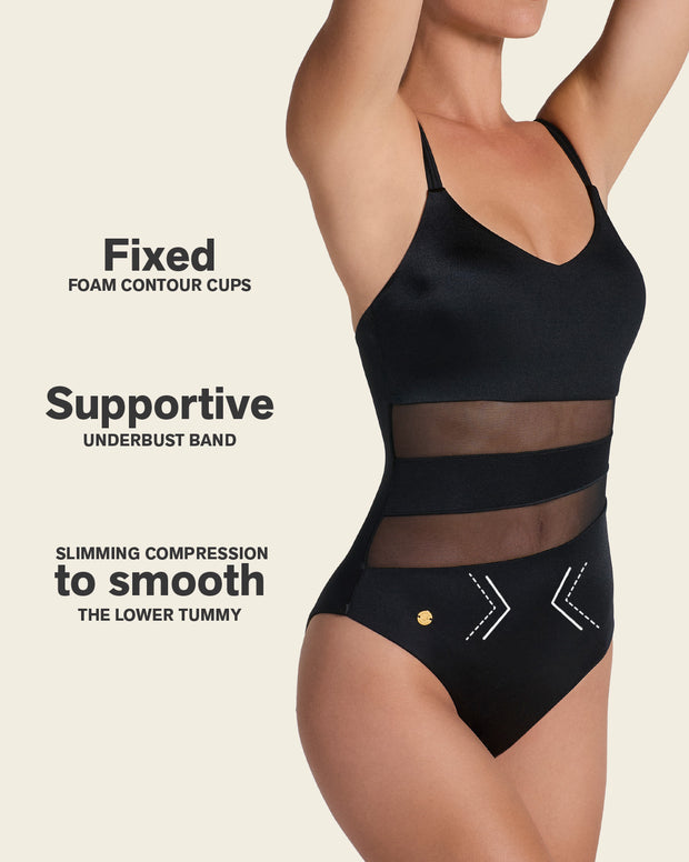 One-Piece Slimming Swimsuit with Mesh Stripes in Front