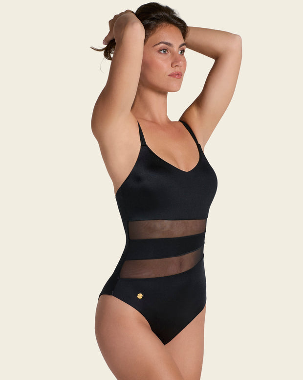 One-Piece Slimming Swimsuit with Mesh Stripes in Front