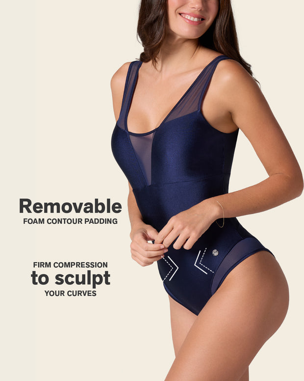 One-Piece Sheer Mesh Accent Sculpting Swimsuit