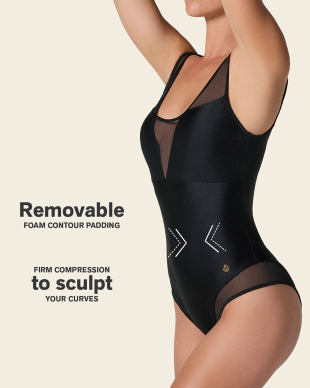 One-Piece Sheer Mesh Accent Sculpting Swimsuit