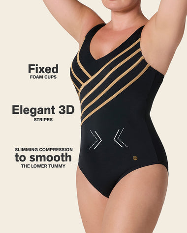 One-Piece Slimming Swimsuit with Elegant 3D Stripes#color_700-black
