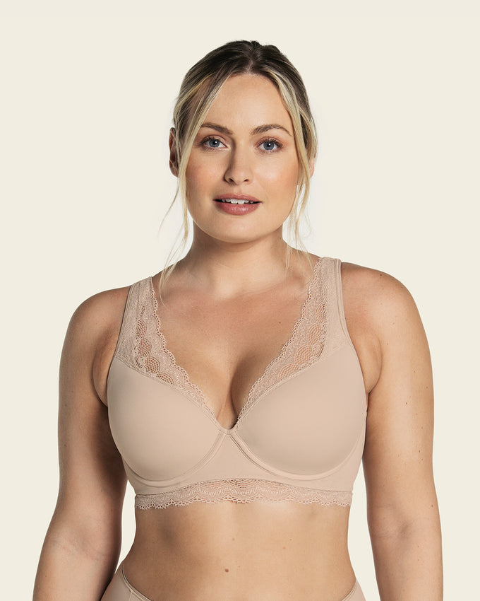 Deep coverage bra: soft lightly-lined lace underwire bra#color_802-nude