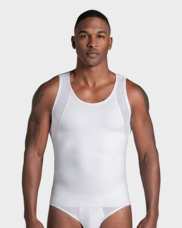Stretch Cotton Moderate Compression Shaper Tank with Mesh Cutouts#color_000-white